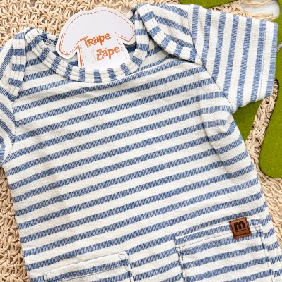 Macacão Curto Listrado com Bolsos - Azul e Areia